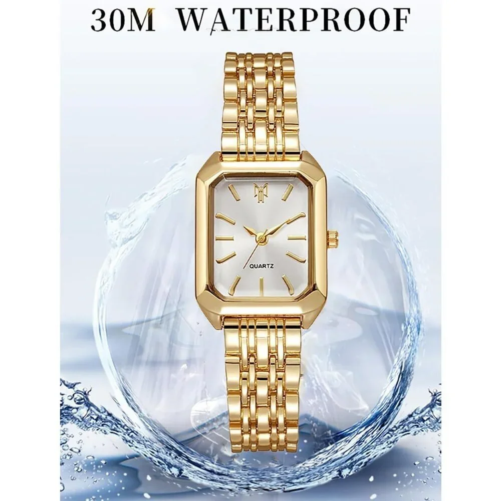 Women's Gold White Square Quartz Wrist Watches Steel Strap Casual Fashion